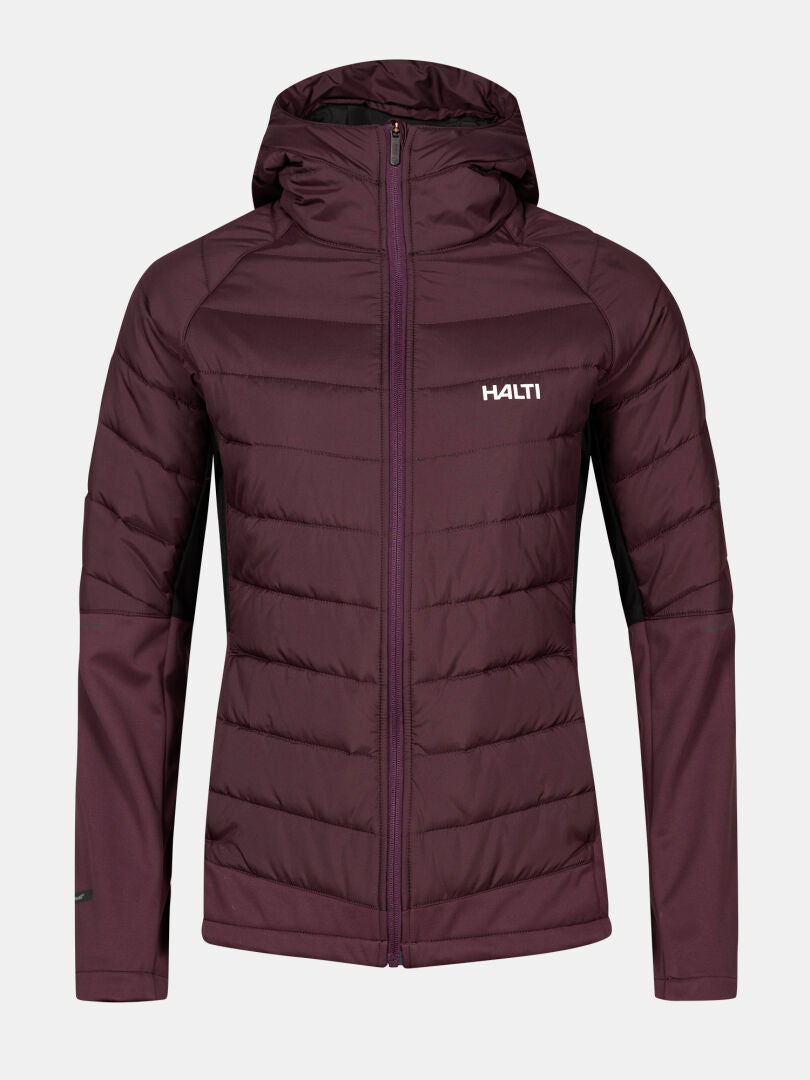 Halti Hanki 2 Hybrid Langlaufjacke Damen Plus in kastanienbraun mit Frontreißverschluss und Logo, abgebildet auf einem einfarbigen Hintergrund.