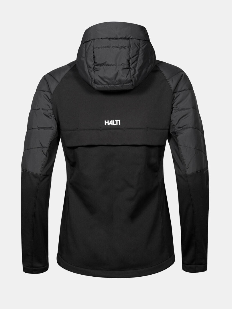 Eine schwarze Halti Hanki 2 Hybrid Langlaufjacke Damen Plus mit gesteppten Ärmeln, abgebildet auf einem grauen Hintergrund.