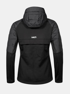 Eine schwarze Halti Hanki 2 Hybrid Langlaufjacke Damen Plus mit gesteppten Ärmeln, abgebildet auf einem grauen Hintergrund.