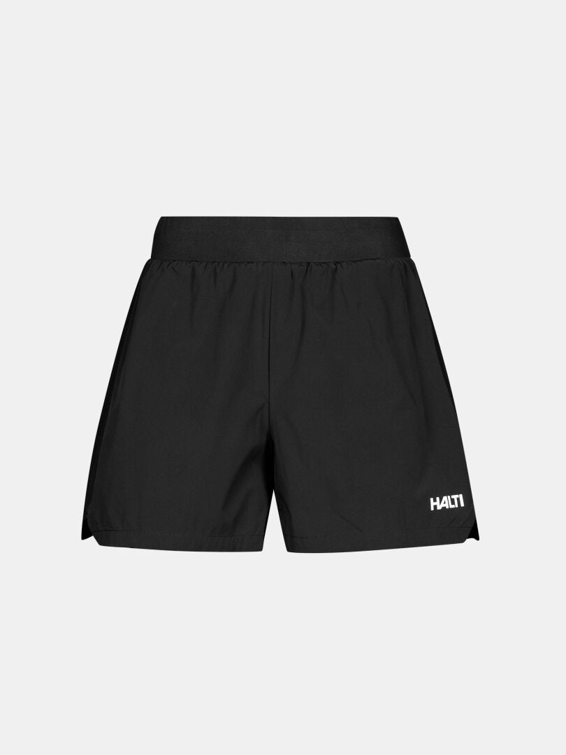 Halti Uurto Shorts Damen: schwarze Outdoor-Trainingsshorts mit elastischem Bund, feuchtigkeitsableitend, HALTI-Logo.