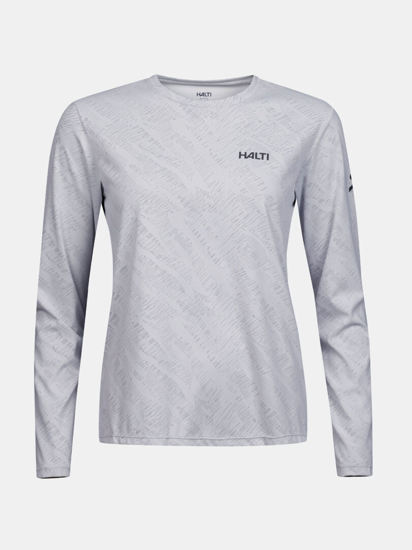 Hellgraues Oulanka Trainingsshirt Damen von Halti: dezentes Muster, UPF 50+, Rundhalsausschnitt, Logo auf Brust und Ärmel.