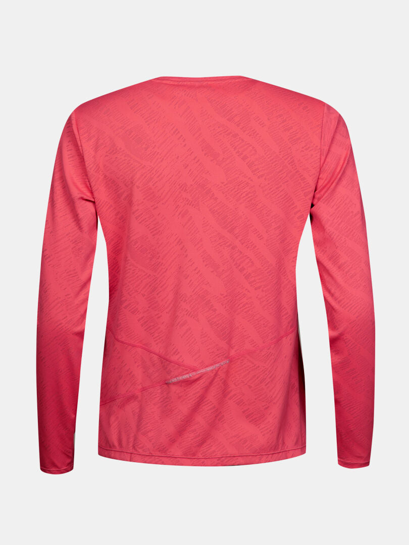 Rückenansicht des Halti Oulanka Trainingsshirt Damen in rosa mit Feuchtigkeitsmanagement und UPF 50+ vor einem einfarbigen Hintergrund.