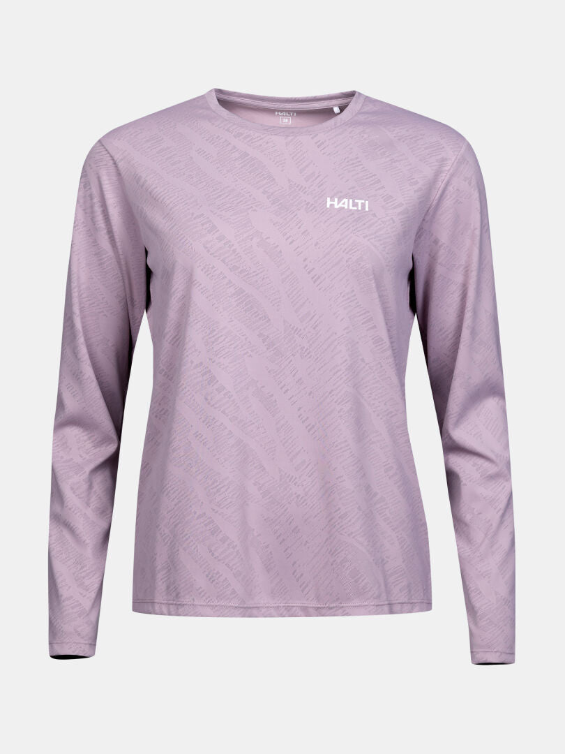 Hellviolettes Oulanka Trainingsshirt Damen von Halti mit Muster, Feuchtigkeitsmanagement & UPF 50+ Schutz.