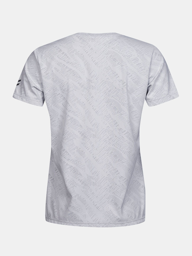 Rückenansicht des Halti Oulanka T-Shirt Damen in Hellgrau mit abstraktem Muster und UPF 50+ Logo auf dem linken Ärmel.