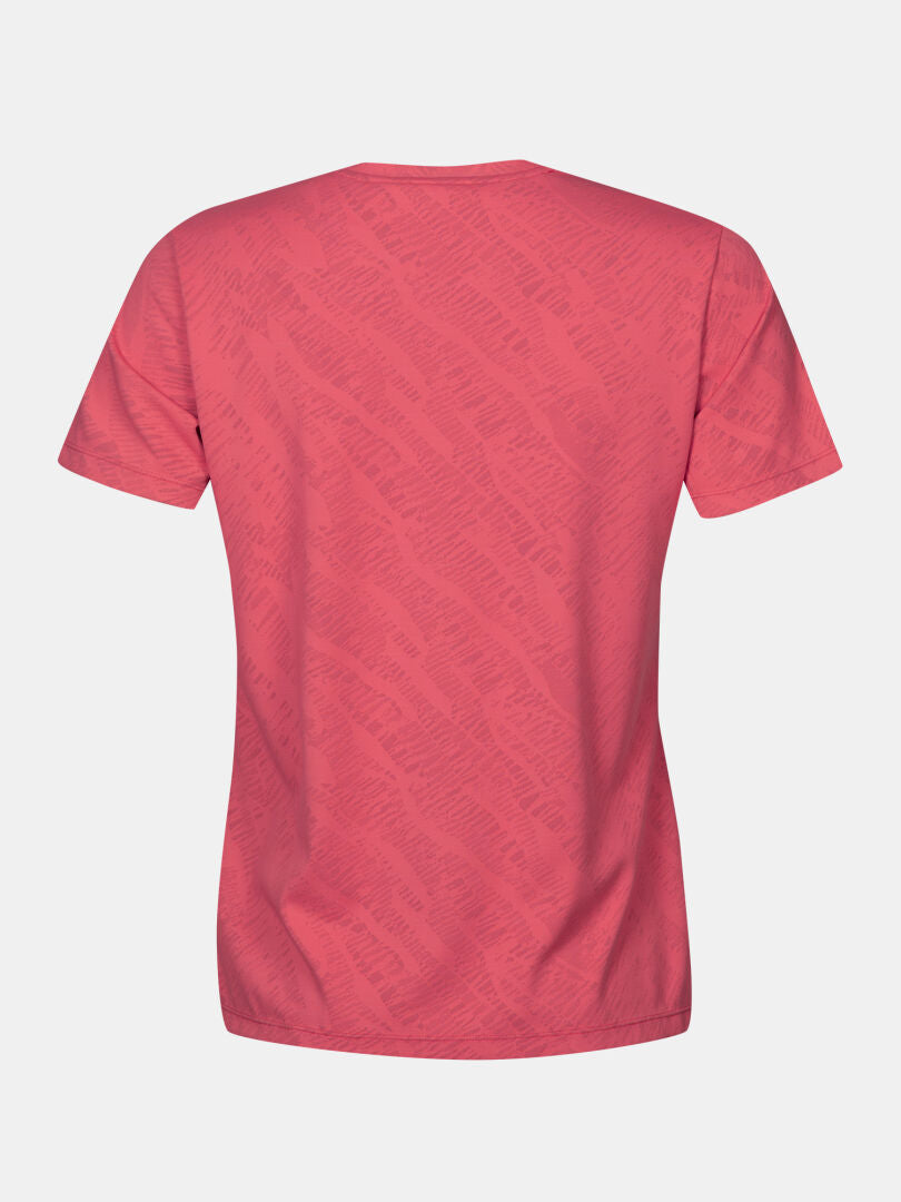 Rückenansicht des Halti Oulanka T-Shirt Damen in rosa, kurzärmelig mit Strukturmuster und UPF 50+ Schutz.