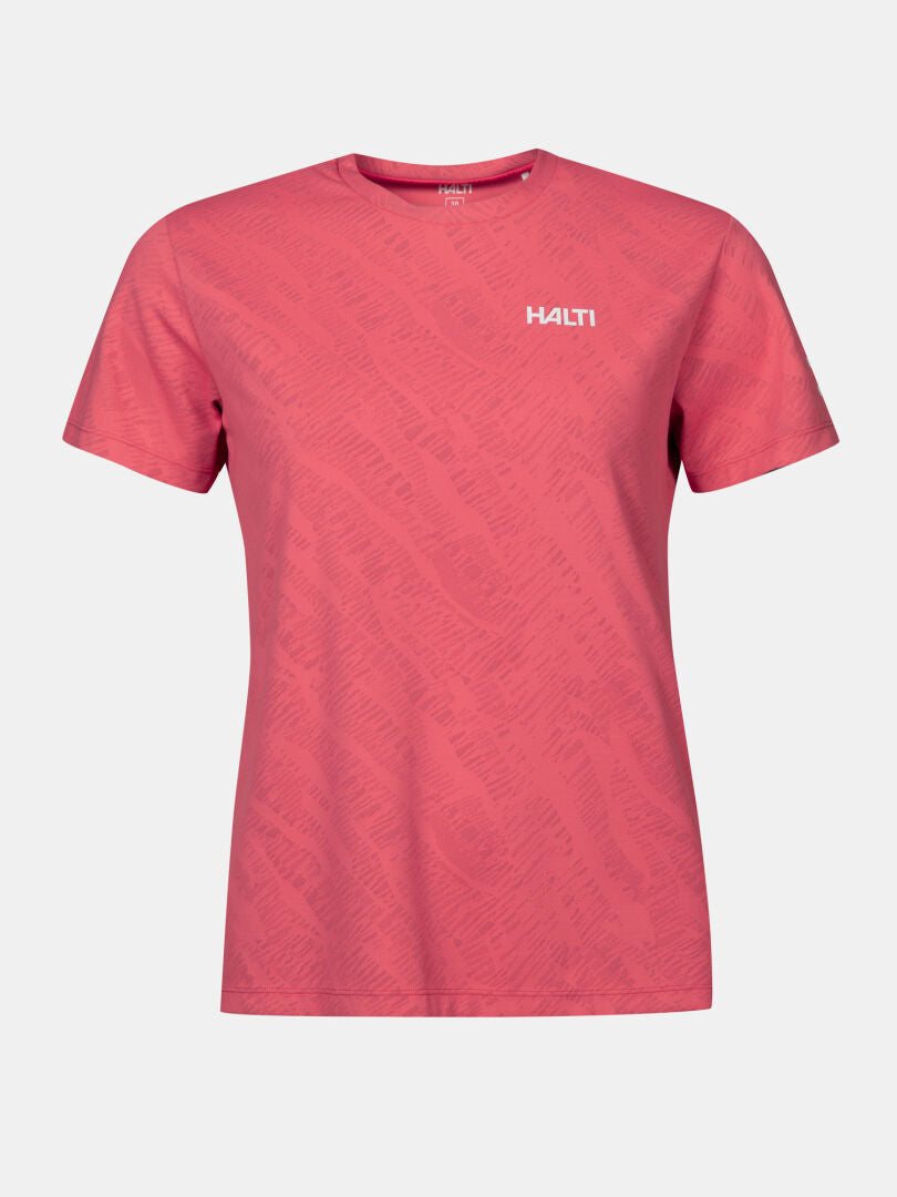 Das Halti Oulanka T-Shirt Damen ist ein rosafarbenes, kurzärmeliges Oberteil mit UPF 50+ und Logo auf der linken oberen Brust.