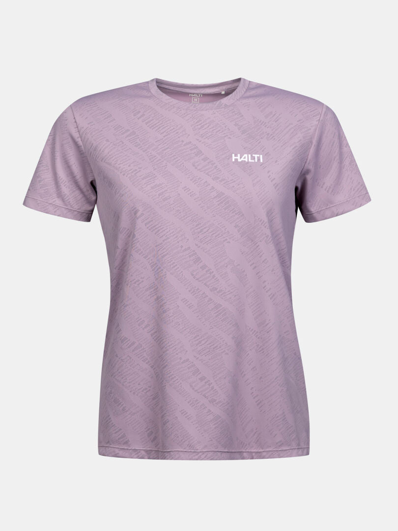 Das Oulanka T-Shirt Damen von Halti ist ein hellviolettes, atmungsaktives, kurzärmliges Shirt mit dezentem Muster und Logo.
