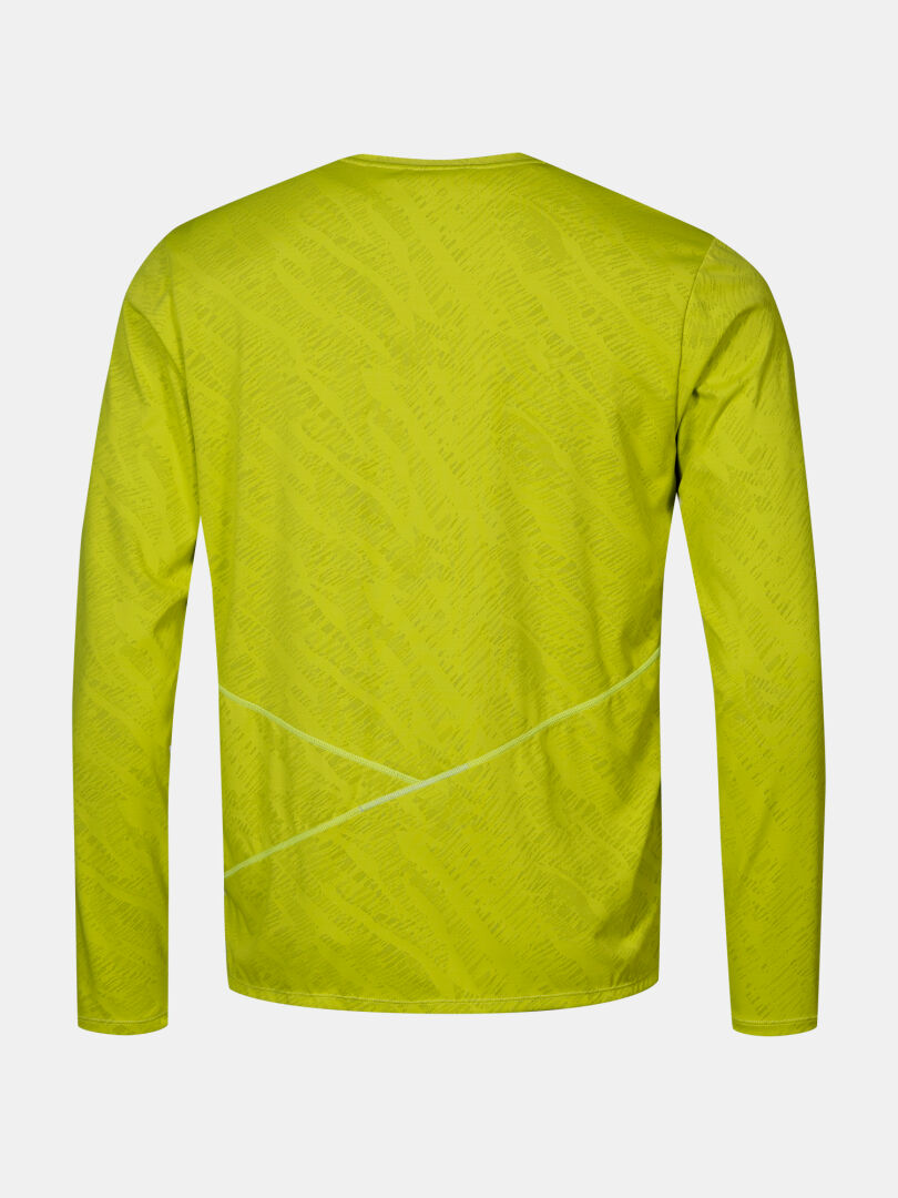 Ein leuchtend gelb-grünes Halti Oulanka Trainingsshirt Herren (UPF 50+) von hinten auf einem schlichten weißen Hintergrund.