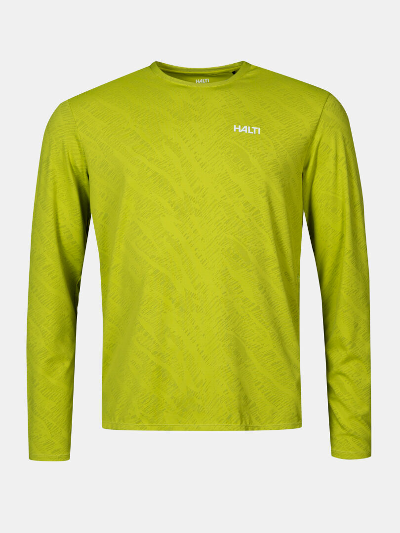 Das Halti Oulanka Trainingsshirt Herren in lindgrün hat ein dezentes Muster, ein Logo und einen Sonnenschutz von UPF 50+.