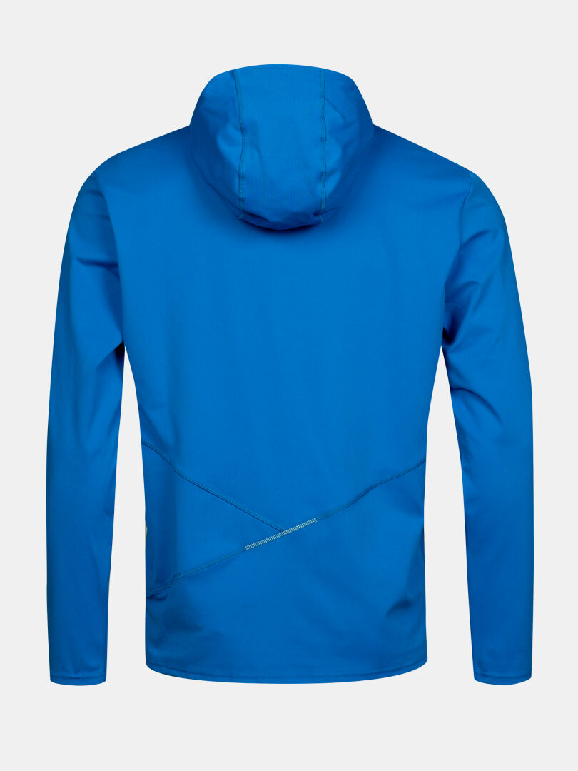 Die Halti Kaltio Trainingshoodie Herren in blau, von hinten gesehen, bietet UPF 50+ für ideale Outdoor-Workouts.