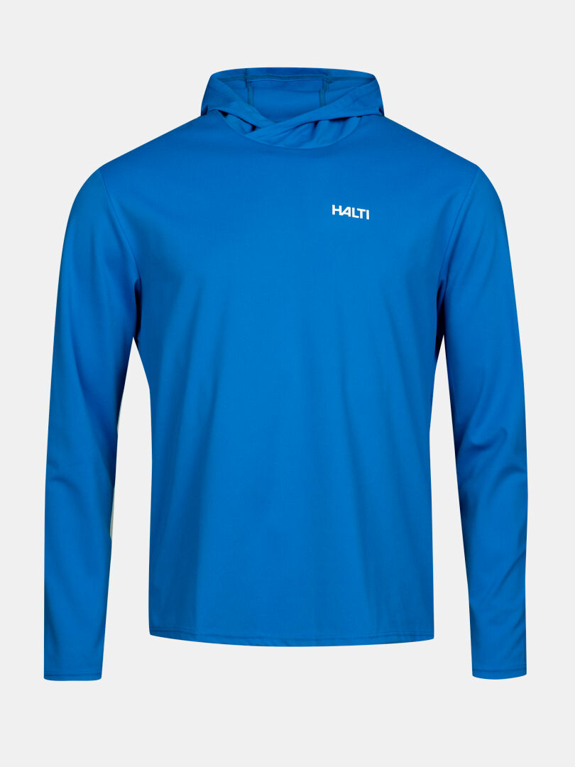 Halti Kaltio Trainingshoodie Herren, blau, atmungsaktiv, langarm, UPF 50+, Halti-Logo auf der Brust.