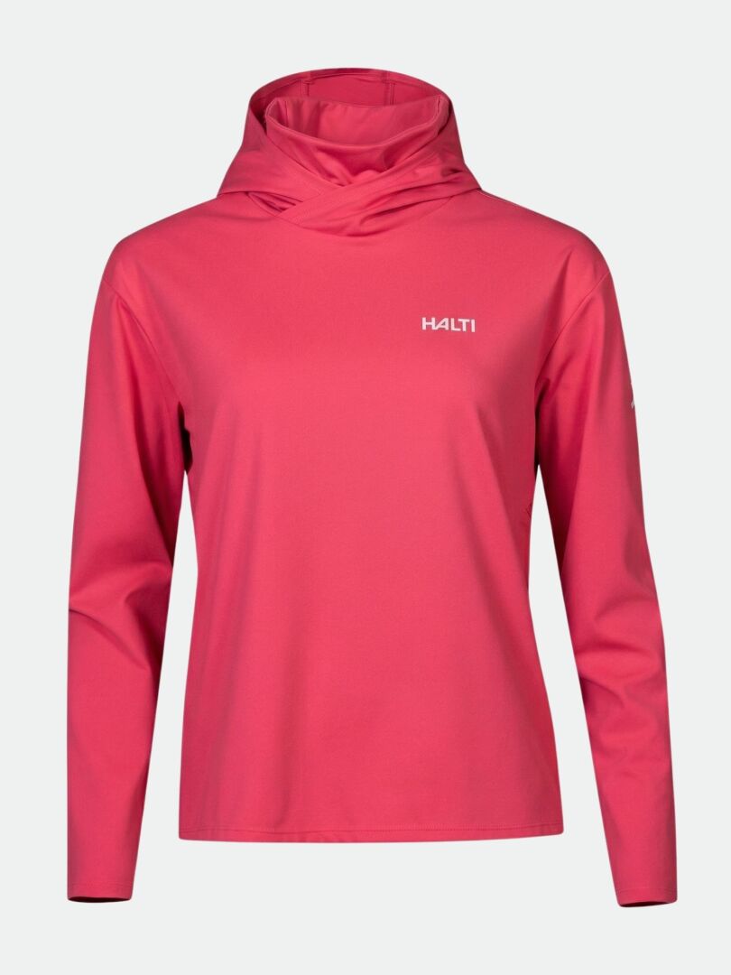 Der Halti Kaltio Trainingshoodie Damen ist ein leuchtend pinker, langärmeliger Hoodie, der sich ideal für das Training im Freien eignet.