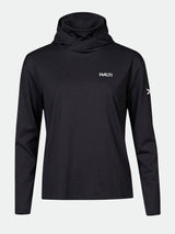 Der Halti Kaltio Trainingshoodie Damen ist ein schwarzer langärmeliger Hoodie mit Logo auf der Brust und kleinem Symbol auf dem linken Ärmel.