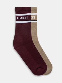 Halti Merinowolle Socken, 2er Pack: kastanienbraune und beigefarbene Socken mit weißen Streifen - ideal für Outdoor-Aktivitäten.