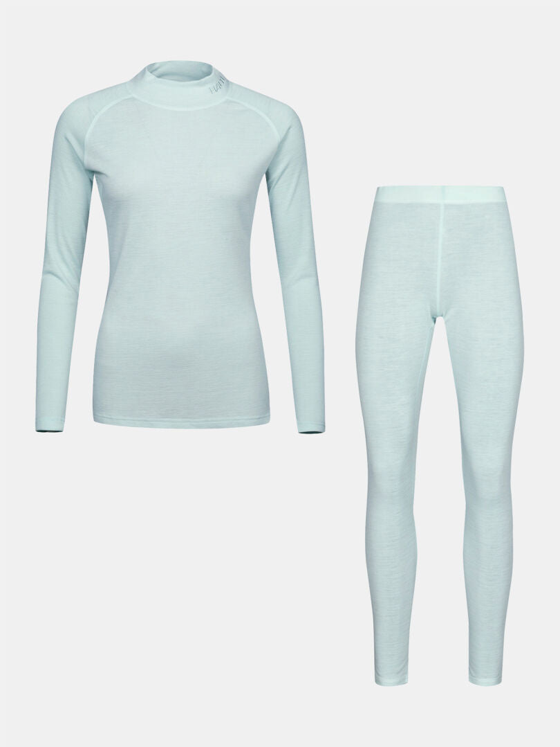 Hellblaues Halti Neva Merino-Unterwäsche-Set für Damen, bestehend aus einem langärmeligen Oberteil mit Stehkragen und passenden Leggings.