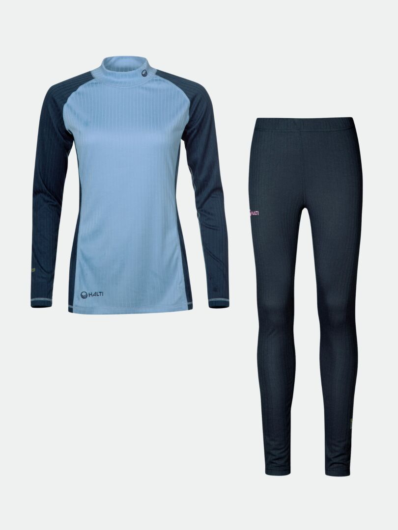 Das Halti Dual Baselayer Set Damen aus recyceltem Polyester in Blau, flach auf Weiß arrangiert.