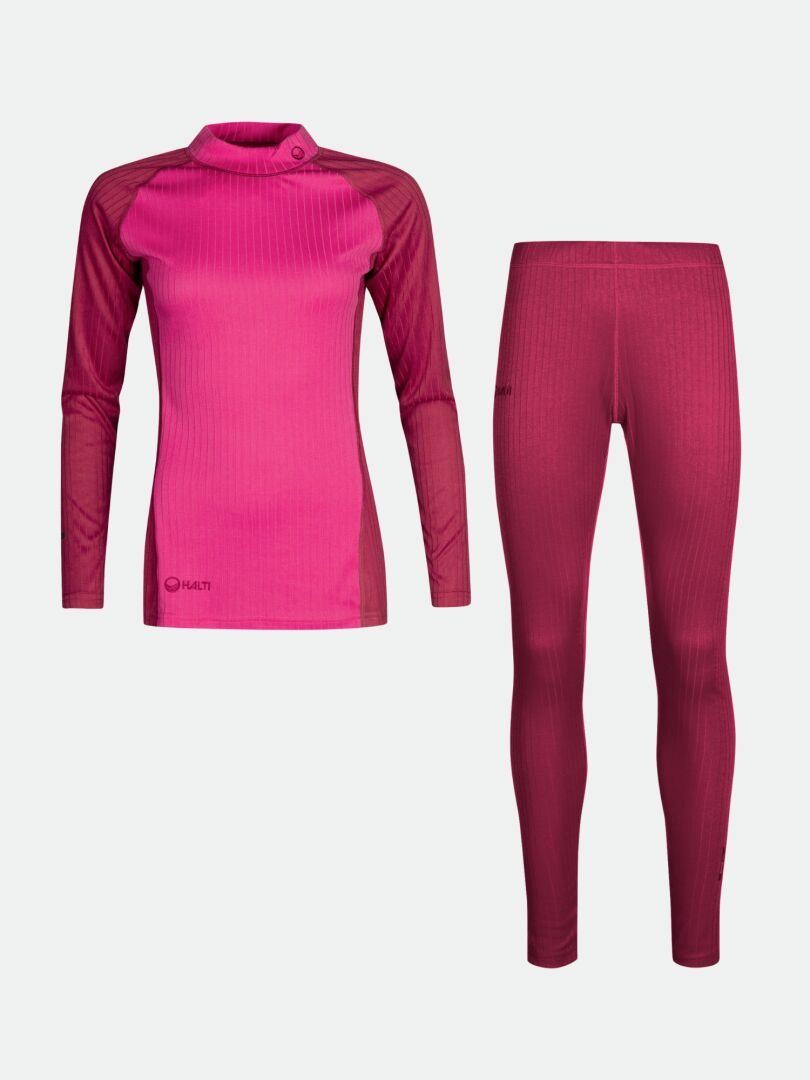 Ein rosa Halti Dual Baselayer Set Damen aus recyceltem Polyester ist auf einem hellgrauen Hintergrund abgebildet.