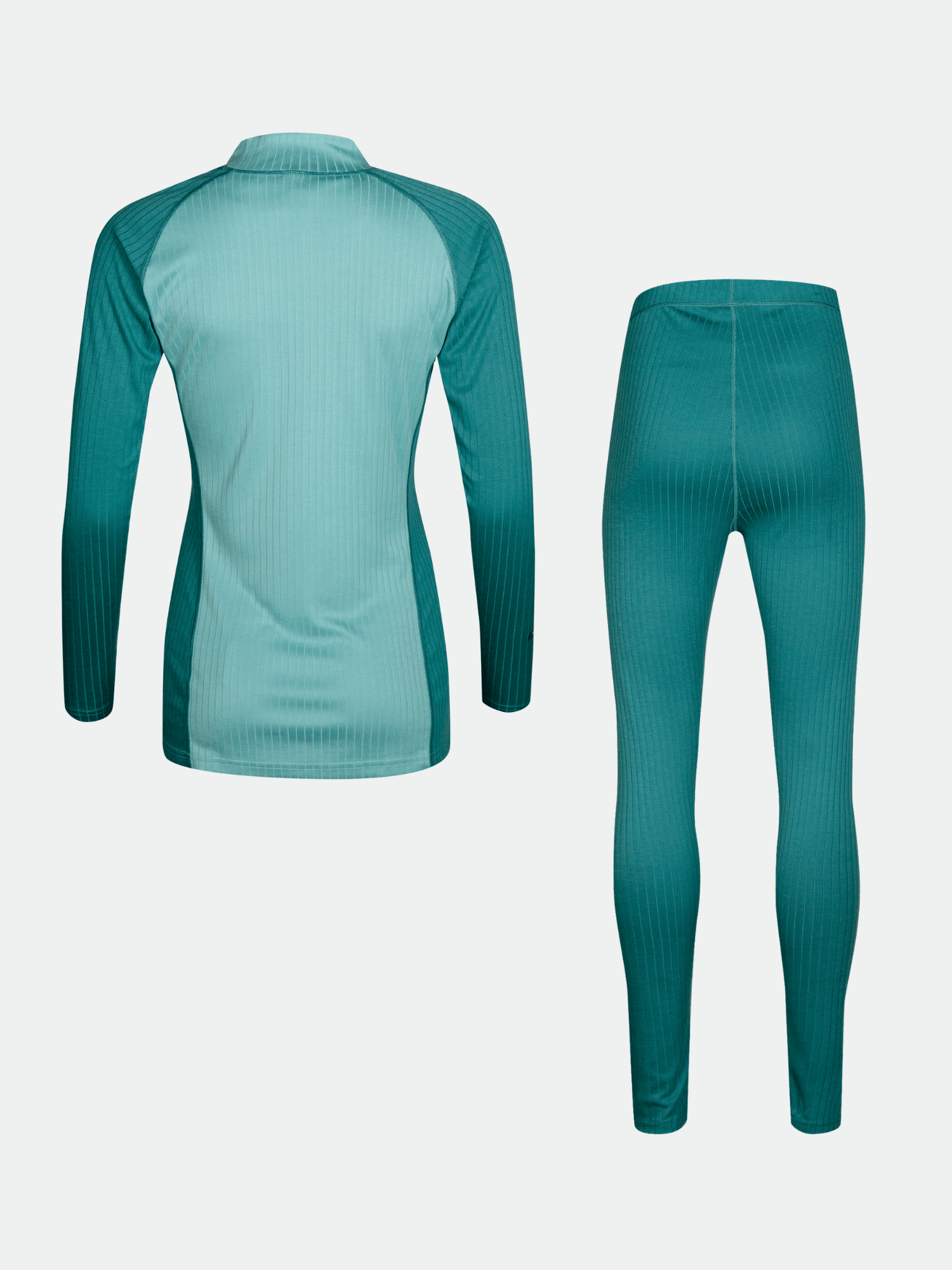 Das Halti Dual Baselayer Set Damen in Teal aus recyceltem Polyester, Rückansicht vor weißem Hintergrund.