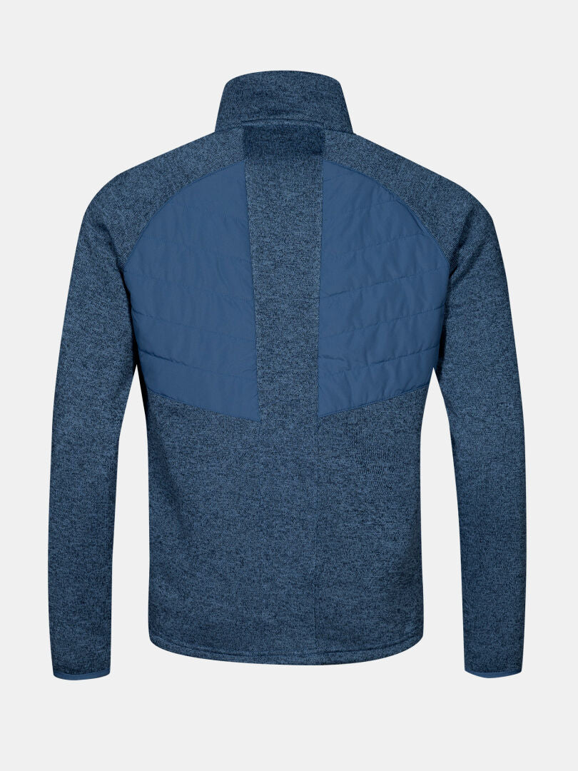 Die Halti Streams Hybrid Layer Jacke Herren in blau, von hinten gesehen mit dunkleren blauen Einsätzen am oberen Rücken und an den Schultern.