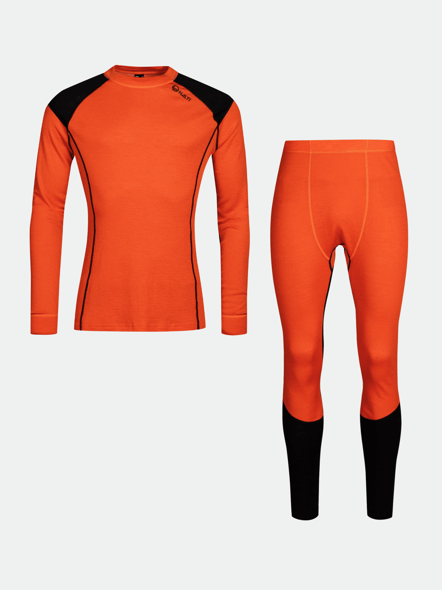 Halti Hossa Merino Unterwäsche Set Herren in Bright Orange/Black, perfekt für Outdoor-Aktivitäten bei kühlerem Wetter.