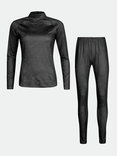 Ein schwarzes Halti Windfire Baselayer Set Damen mit langen Ärmeln und Leggings auf einem schlichten hellen Hintergrund.