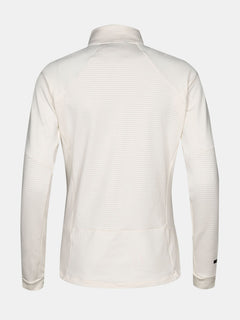 Die Halti HeatGrid Midlayer Jacke Damen, ein cremefarbenes Longsleeve aus recyceltem Polyester, wird von hinten gezeigt.