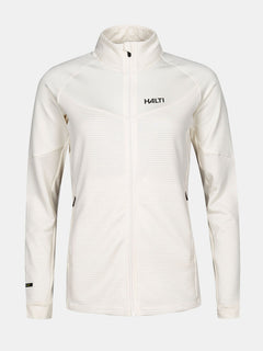 Die Halti HeatGrid Midlayer Jacke Damen ist weiß mit langen Ärmeln, Reißverschlusstaschen und Logo - ideal für Wanderungen.