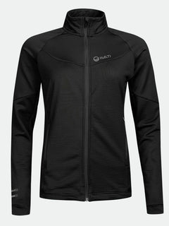 Eine schwarze Halti HeatGrid Midlayer Jacke Damen mit langen Ärmeln, hohem Kragen und dezentem Logo-ideal für Wanderungen.