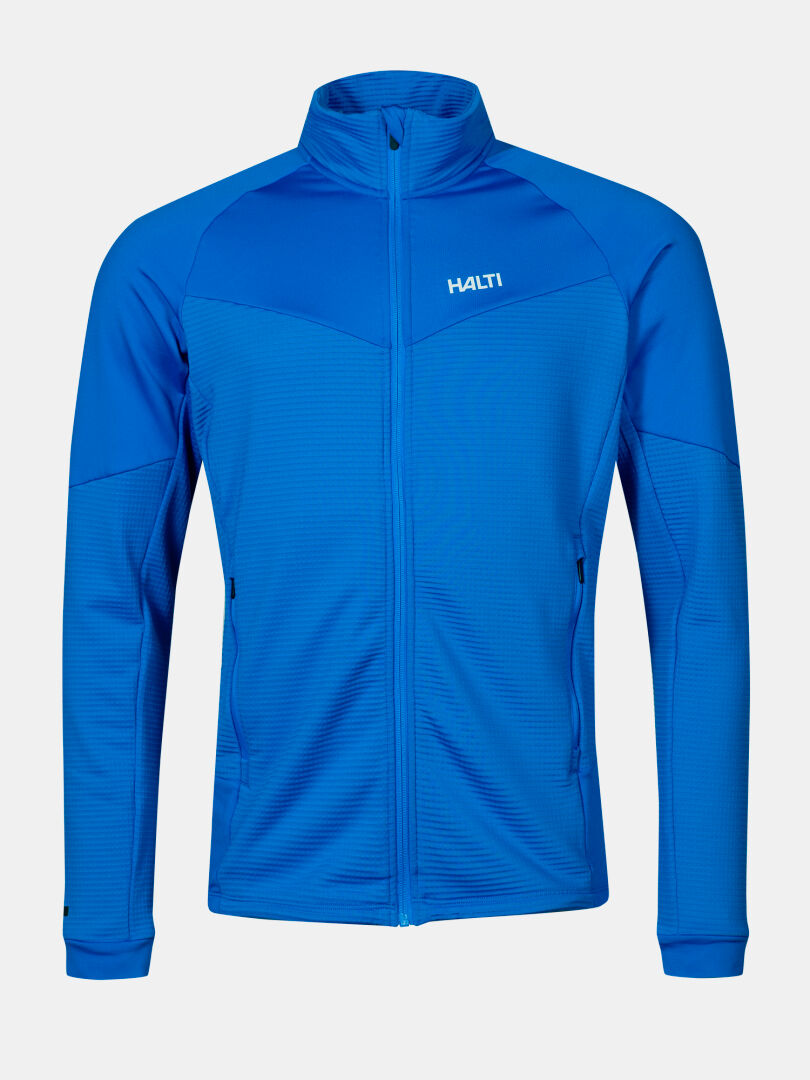 Eine blaue Halti HeatGrid Midlayer Jacke Herren mit langen Ärmeln, zwei Seitentaschen und einem Logo auf der linken Brust.