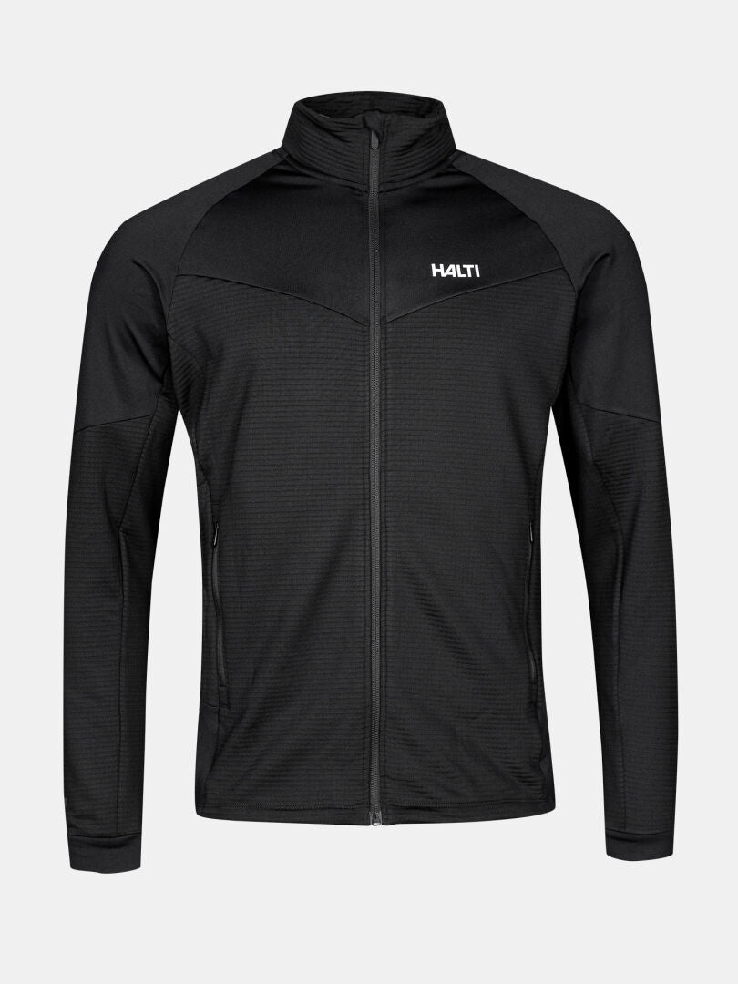 Schwarze Halti HeatGrid Midlayer Jacke Herren aus recyceltem Polyester mit hohem Kragen und Logo, auf weißem Hintergrund.