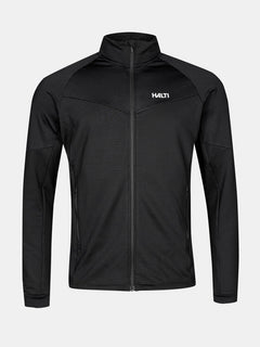 Schwarze Halti HeatGrid Midlayer Jacke Herren aus recyceltem Polyester mit hohem Kragen und Logo, auf weißem Hintergrund.