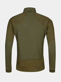 Rückansicht der Halti HeatGrid Midlayer Jacke Herren in Oliv, mit recyceltem Polyester und strukturierten Einsätzen für Wärme und Mobilität.