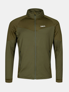 Grüne HeatGrid Midlayer Jacke Herren von Halti aus recyceltem Polyester mit zwei Zippertaschen und Logo auf der Brust.