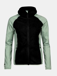 Der Halti Circuit II Hoodie Damen hat hellgrüne Ärmel, eine Kapuzenjacke mit Kapuze, schwarze Einsätze und einen Frontreißverschluss.