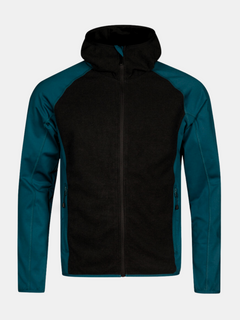 Der Halti Circuit II Hoodie Herren hat eine schwarze Vorderseite und Kapuze mit blaugrünen Ärmeln und Seiten, die auf einem einfarbigen Hintergrund abgebildet sind.