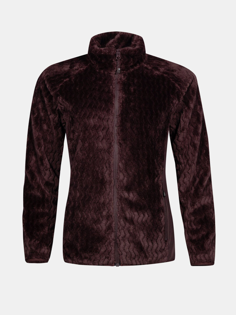 Ein dunkelbrauner Thermel Midlayer Damen von Halti mit langen Ärmeln und hohem Kragen, abgebildet auf einem einfarbigen Hintergrund.