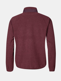 Rückenansicht der kastanienbraunen Halti Soolo Midlayer Jacke Damen, lange Ärmel und Kragen, auf einem einfarbigen hellen Hintergrund.