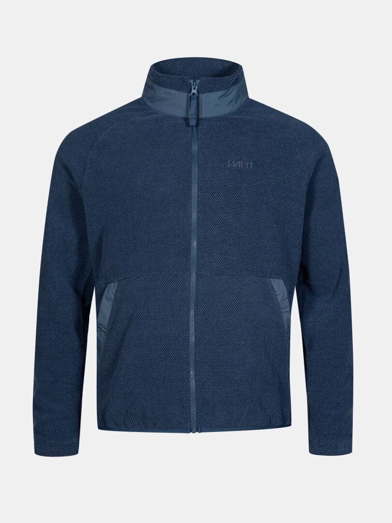 Halti Soolo Midlayer Jacke Herren in blau mit hohem Kragen, strukturiertem Stoff und zwei Taschen auf weißem Grund.