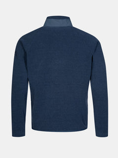 Rückenansicht der Halti Soolo Midlayer Jacke Herren aus dunkelblauem Fleece mit Stehkragen, abgebildet auf weißem Hintergrund.