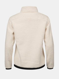 Rückseite der Halti Lumista Polar Fleece Jacke Damen in Creme mit hohem Kragen und schwarzem Besatz an Saum und Bündchen.