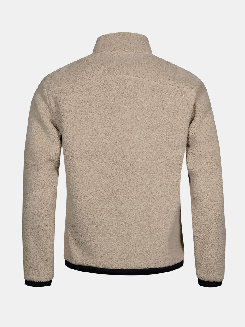 Rückenansicht der Halti Lumista Polar Fleece Jacke Herren mit hohem Kragen und schwarzem Besatz auf einfarbigem Hintergrund.