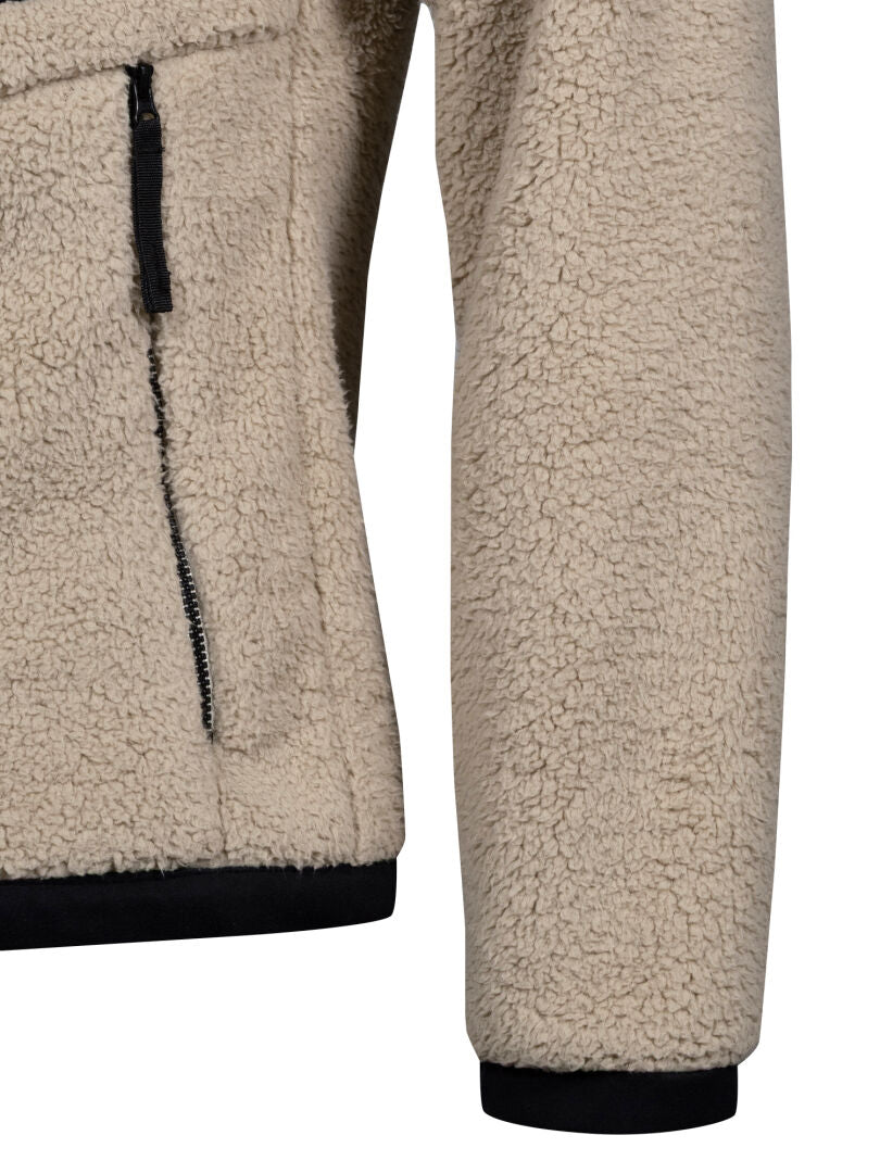 Nahaufnahme des unteren Ärmels und der Seite der Halti Lumista Polar Fleece Jacke Herren, mit schwarzem Reißverschluss, ideal zum Wandern.