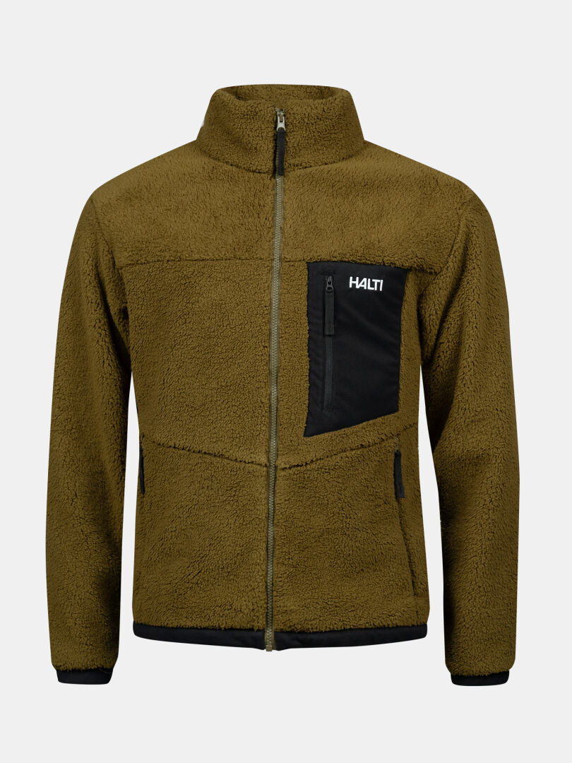 Die Halti Lumista Polar Fleece Jacke Herren hat einen durchgehenden Reißverschluss, eine schwarze Brusttasche mit Logo - perfekt zum Wandern.