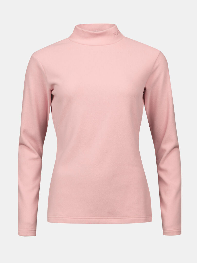 Das Halti Trone Fleece-Shirt Damen ist ein hellrosa Rollkragen-Baselayer-Top auf weißem Grund.