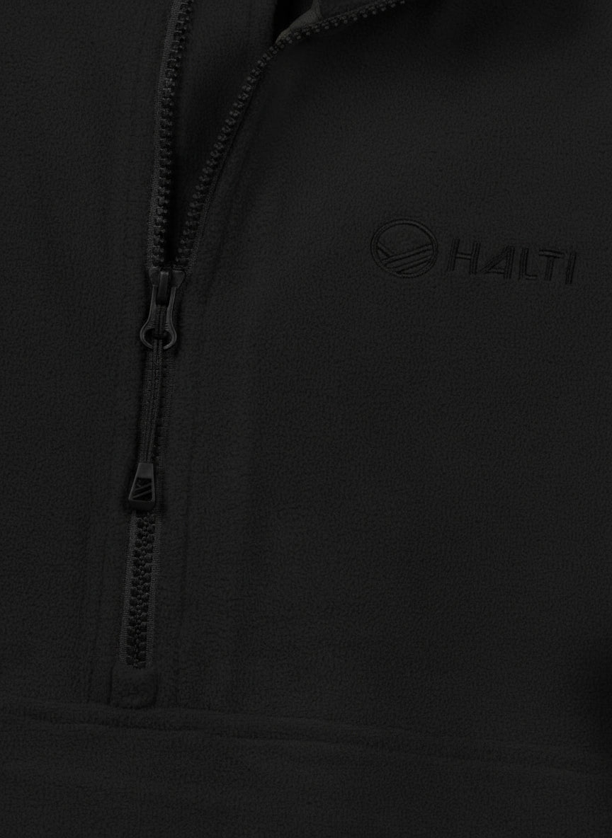Nahaufnahme des Ossia Fleece-Shirts für Damen von Halti in Schwarz mit Reißverschluss, ideal für Outdoor-Aktivitäten.