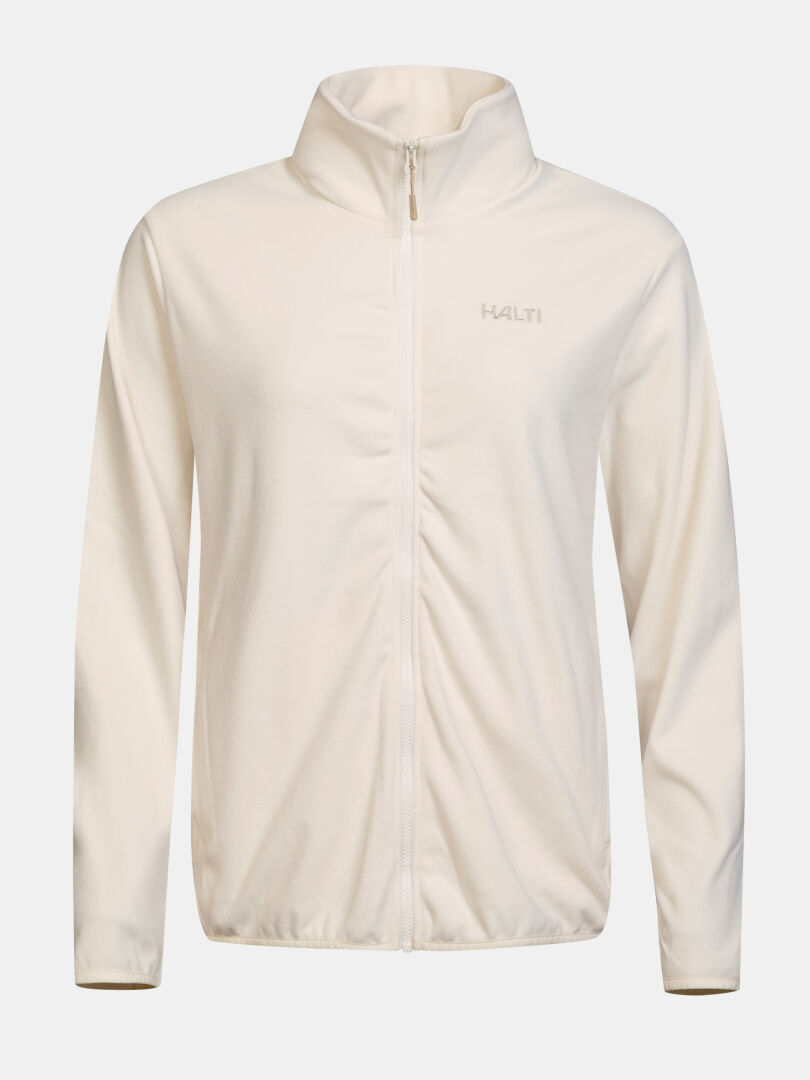 Eine schlichte, cremefarbene „Rockmoon Fleecejacke Damen“ von Halti mit hohem Kragen und dezentem Logo auf der Brust.