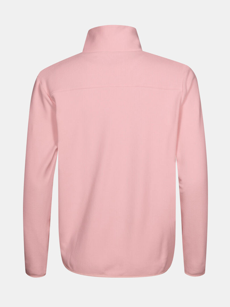Die Halti Rockmoon Fleecejacke Damen in hellrosa, langärmelig, von hinten auf weißem Grund abgebildet.