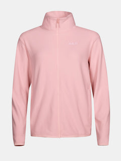 Eine hellrosa Rockmoon Fleece Jacke Damen von Halti mit langen Ärmeln, Stehkragen und kleinem Brustlogo.