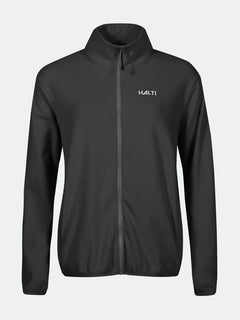 Eine schwarze Rockmoon Fleece Jacke Damen von Halti mit Stehkragen und Halti Logo auf der linken Brust.