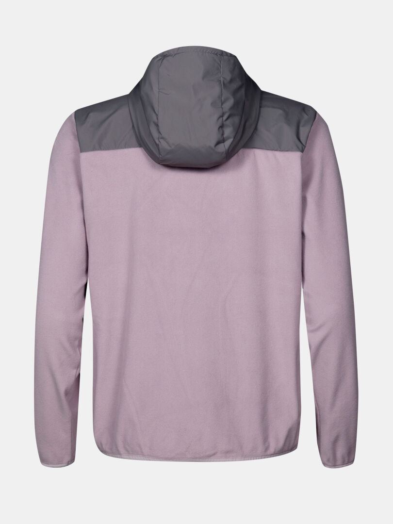 Rückenansicht der Halti Rockmoon Fleecejacke Damen in helllila mit dunkelgrauer Kapuze, ideal für Outdoor-Aktivitäten.